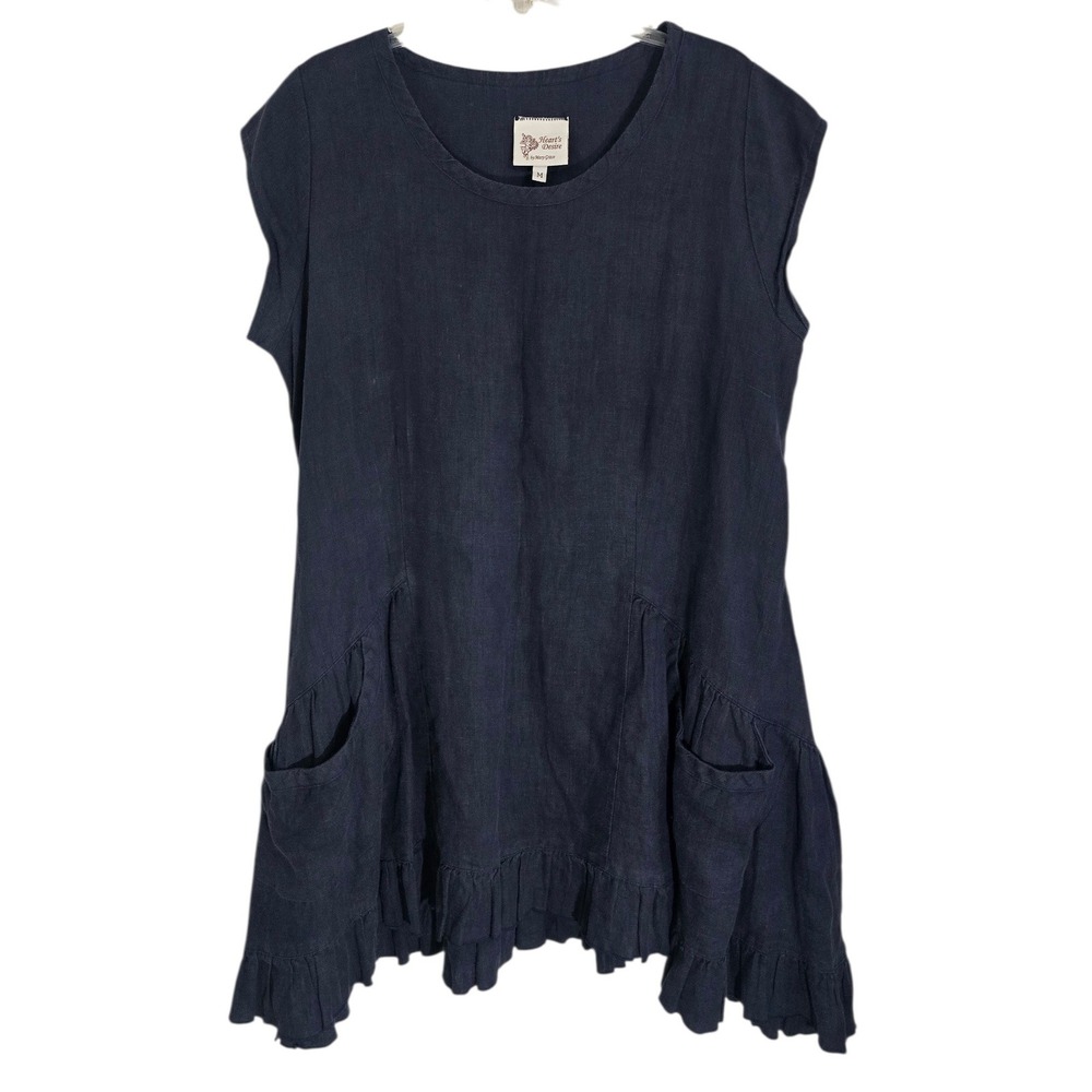 Heart's Desire Mary Grace Navy Blue Linen Ruffle Hem Tunic Pocket Top Women‎ M